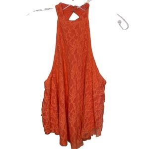 Orange Floral Lace High Neck Halter Top Keyhole Back Flowy Tiered Tank